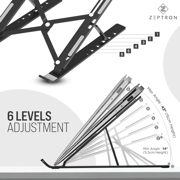 Foldbar bærbar aluminium bærbar computer stand | Skrivebordsstand med 6-trins højdejustering | Kompatibel med 11,6”/13,3 tommer bærbare computere notebooks（Sort） Black