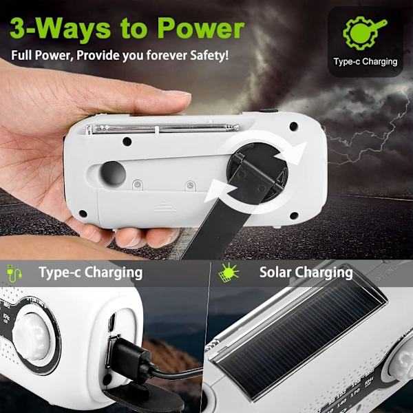 Solardriven radio, nödradio med vev, solcellsdriven AM/FM väderradio med 5 LED-ficklampa, 2000mAh nödströmbank för camping (vit) White