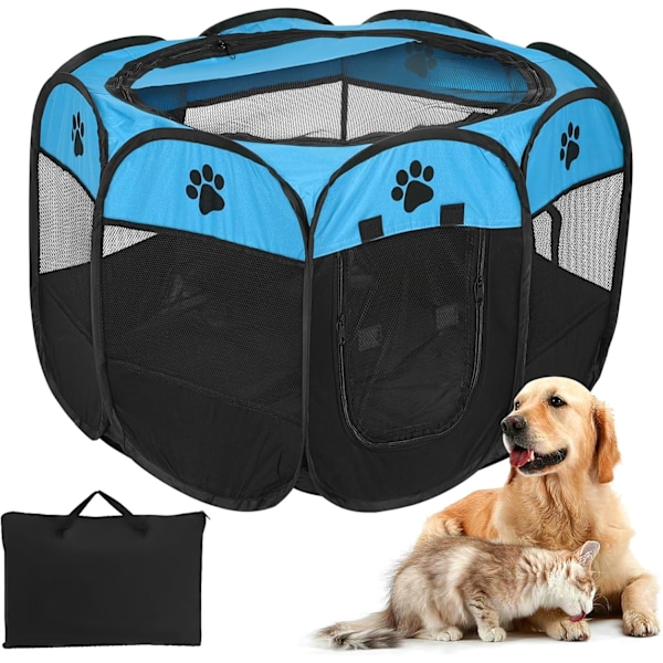 Hundeinnhegning Foldbar Teltt 8-Panel Mesh Deksel Design Myk Oxford Innhegning Bur for Innendørs/Utendørs Hund Katt Kanin (S(28.5\" x 28.5\" x 16\"), Blå)