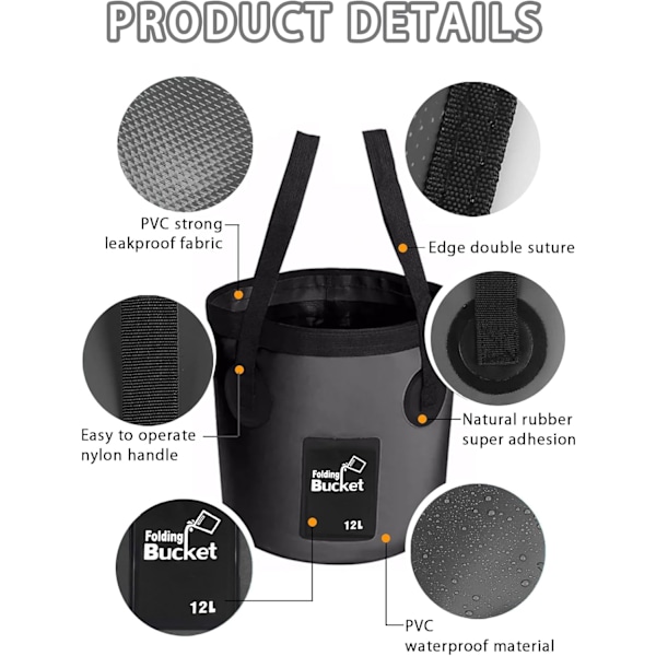 Hopfällbar hink med handtag, lättvikts hopfällbar vatten 12L, multifunktionell bärbar hopfällbar hink tvättfat, svart