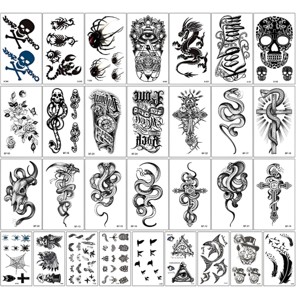 Midlertidige tatoveringsmærkater, 30 ark sorte midlertidige tatoveringsmærkater, 3D realistiske tatoveringsmærkater til voksne kvinder, mænd, børn, vandtætte