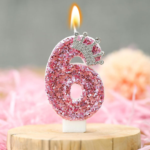 Syntymäpäivän numerokynttilät, vaaleanpunaiset kruunun syntymäpäiväkynttilät kakkuun, glitter numeron 6 kynttiläkakun päällinen paljeteilla (vaaleanpunainen 6)