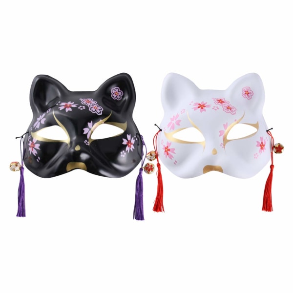 2 x Halloween Animal Cosplay Kabuki Cat Masks Japanese Fox Mask Masquerade Mask for Dans Performance Make-up Prop Ball Party Favors (svart vit)