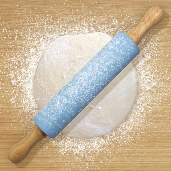 Liten non-stick silikonkjevle med trehåndtak for baking, mini kjevle for deig, fondant, pizza - Blå 30cm (12\")