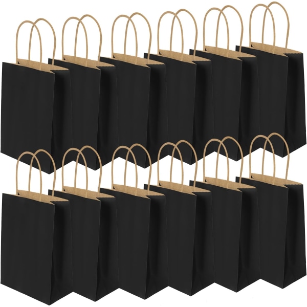 Papirfestposer, 12 STK gave- og sødeposer med håndtag, sorte Kraft-festpapirposer til børnefest, fødselsdag, bryllup, jul (150x80x210 mm) Black