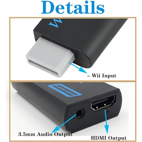 Wii HDMI-adapter, Wii til HDMI-konverter, støtter alle Wii-skjermmodus med 3,5 mm lydutgang og HDMI (svart)