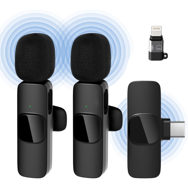 Trådløse mikrofoner til iPhone iPad, Clip-on Lapel Lavalier Bluetooth-mikrofon til videooptagelse, pc, bærbar computer, livestreaming (iOS og USB-C/2 mikrofoner)
