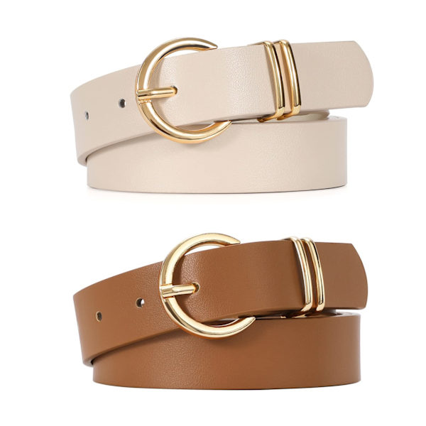 Dame Læder Bælter til Jeans Kjoler Mode Guld Spænde Dame Talje Bælte, 2 Pak Beige,camel
