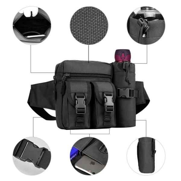 Taktisk midjeväska med vattenflaskhållare, vattentät midjeväska militär utility canvas fanny pack bumbag