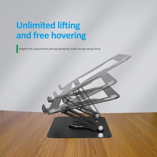 Bærbar computer stand med 360° roterende base, justerbart ergonomisk stativ (sort) Black