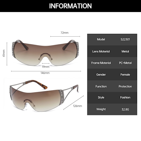 Trendy Y2K Rimless Wraparound Solbriller - til kvinder og mænd, stilfulde rammeløse overdimensionerede wraparound briller til cykling, sport, shopping og udendørs Brown
