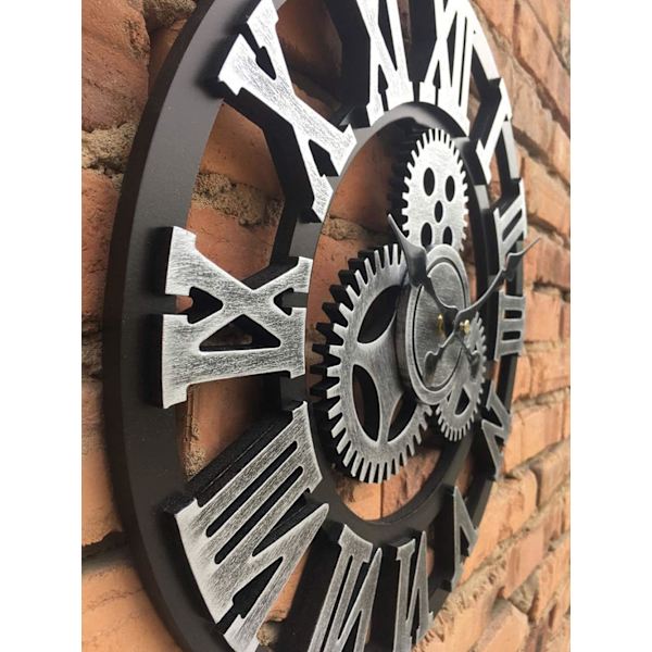 3D Suuri Klassinen Vintage Puinen Hiljainen Seinäkello Retro Vaihde Riippuva Kello Roomalaiset Numerot Horologes, Hopea, 40 * 40cm silver