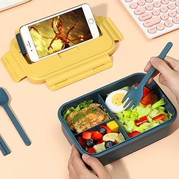 Bento-låda för barn Vuxna, matbehållare med 3 fack för bestickset Lunchlåda, BPA-fri (blå-gul) Blue-Yellow