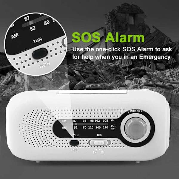 Solardriven radio, nödradio med vev, solcellsdriven AM/FM väderradio med 5 LED-ficklampa, 2000mAh nödströmbank för camping (vit) White