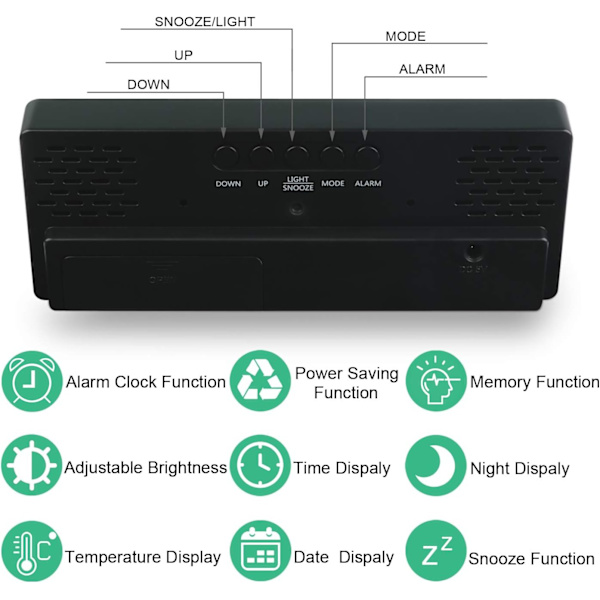 Digitalt vækkeur, stort LED-display, med snooze-funktion og justerbar lysstyrke USB-opladning, kontorer Black
