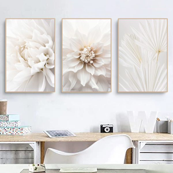 Set med 3 affischer, vita rosblommor bilder, modern canvas tavlor, utan ram, boho bildset, väggdekoration för vardagsrum, sovrum 30*40cm