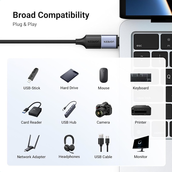 USB C til USB-adapter 2-pak, aluminium USB C han til USB 3.2 hun adapterkonverter kompatibel med MacBook Pro 2023, iPad Pro og mere (grå)