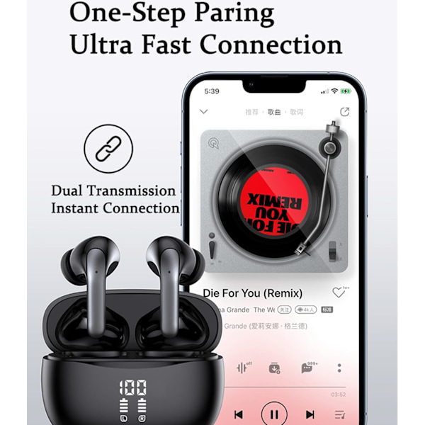 Trådløse Bluetooth-hodetelefoner, ladeetui med strømvisning, IPX5-vanntett trådløse hodetelefoner med dobbel mikrofon for telefon, spill, TV, sport (svart)