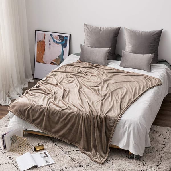 Blød tæppe, fleece tæppe, flanel tæppe med pomponer, almindeligt tæppe, sofatæppe, fluffy tæppe, mikrofiber sengetæppe, sofatæppe, tæppe coffee