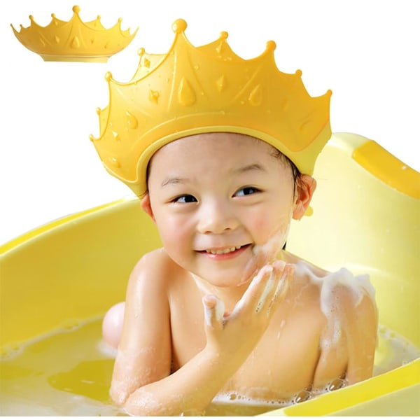 Baby shower cap skjold, visir hat til øjen- og ørebeskyttelse til 0-9 år gamle børn, sød kroneform gør babybadet sjovere (gul) Yellow