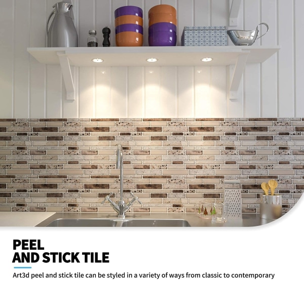 Skrell og lim murstein kjøkken backsplash selvklebende veggfliser steindesign, 4 ark brown