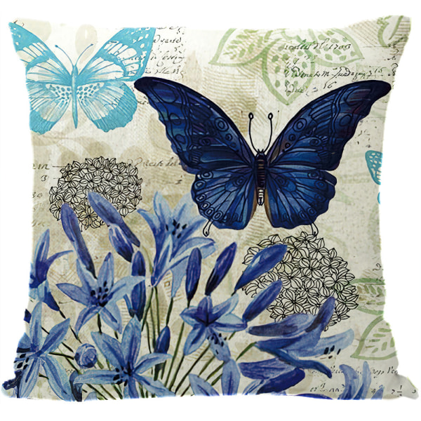 Putetrekk i lin med pastoraltrykk, putetrekk i amerikansk blå blomster og sommerfugl sofa，45×45 cm