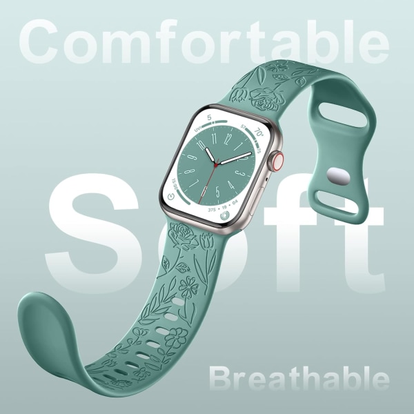 Blomstergravert rem kompatibel med Apple Watch-rem 38mm 40mm 41mm for kvinner, erstatningsrem for iWatch Series SE 9 8 7 6 5 4 3 2 1, furugrønn Green