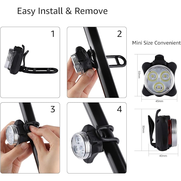 Sykkellyssett, superlys USB-oppladbare sykkellys, 4 lysstyrkemodusalternativer sykkellys foran og baklys (2 kabler, 2 stropper)