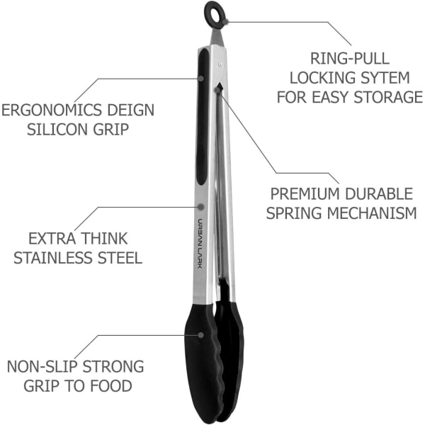 Kökstång, paket med 2 storlekar 9" & 12" - Halkfritt handtag i rostfritt stål - Smart Lock Clip-Värmebeständig tång, för matlagning, grillning (svart)