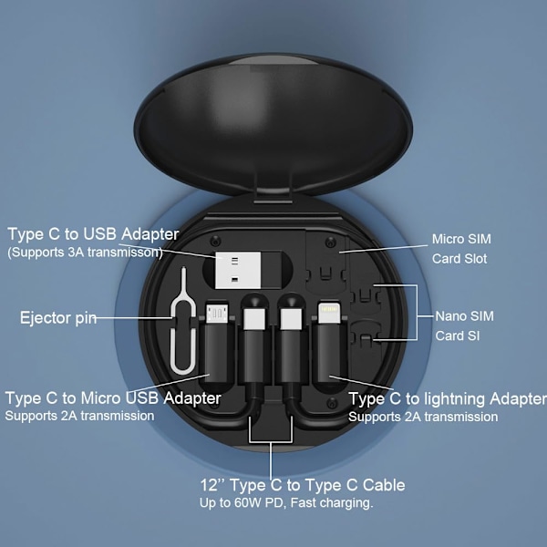 Multifunktionel Datakabel Opbevaringsboks Adapter til Lightning, USB-C og Micro-USB Enheder Universal Datatransferkabel