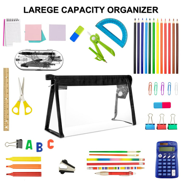 Gjennomsiktig pennal, gjennomsiktig pennal for eksamen Stor kapasitet pennal Pennal PVC glidelås Stor gjennomsiktig pennal Svart Black