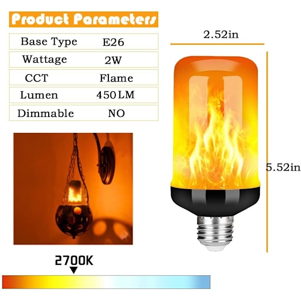 LED-lampor med flammeffekt, 4 lägen, utomhuslampor med upp-och-ner-effekt, E26 2W dekorativa lampor för Halloween, jul, fest, 2-pack