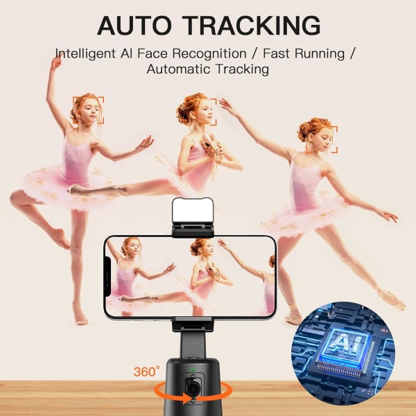Gimbal-stabilisator til smartphones, automatisk ansigtssporingsstativ 360° rotation, ingen app, Selfie Stick-telefonstativ med en højkapacitets 10-timers batter