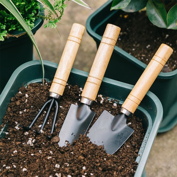 3-delad trädgårdsredskapssats: spade, trädgårdsspadar med trähandtag, handredskap för bonsaiplantor