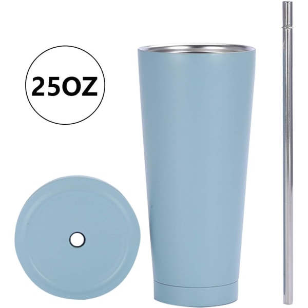 Stainless Steel Travel Mug with Straw and Lid, 750ml/25oz Travel Tumbler, Double Wall Vacuum Insulated Cup (Light Blue)