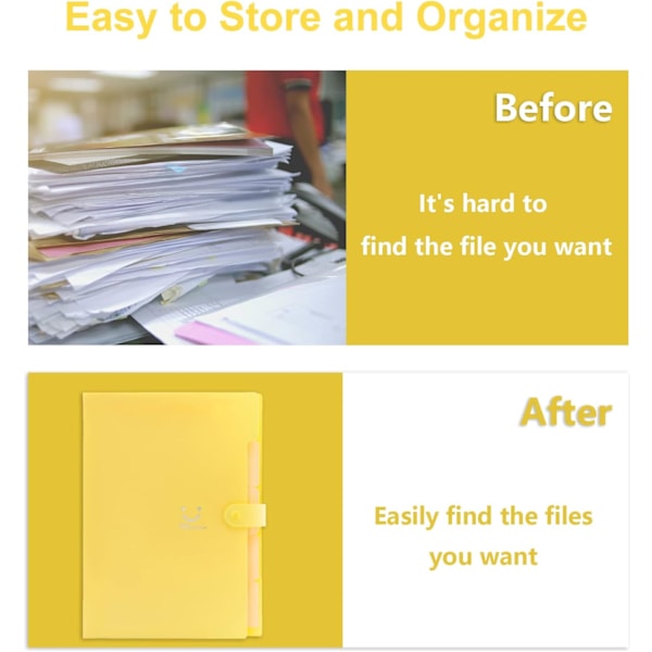 Harmonikkakansio, kirjekoko, 5 taskua, laajeneva kansio, söpö kansio tarroilla, kannettava kansiojärjestäjä, keltainen