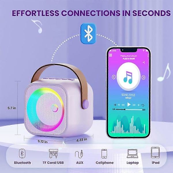 Karaoke-laite lapsille ja aikuisille, Mini kannettava Bluetooth-karaokekaiutin 1 langattomalla mikrofonilla ja valolla Purple 1 mic