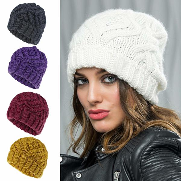 Unisex Vinter Varm Strikhue Rhombus Chunky Strik Solid Cuffed Skull Cap White