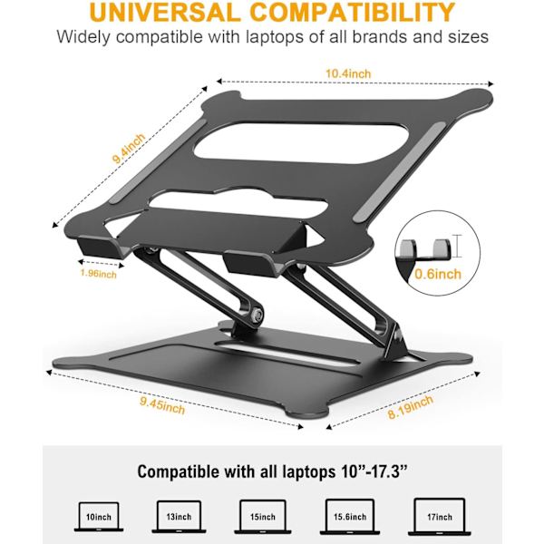 Laptopstativ för skrivbord, bärbart laptopstativ justerbar höjd med värmeventil, laptopstativ kompatibel med 10-15,6\" bärbara datorer, svart Black