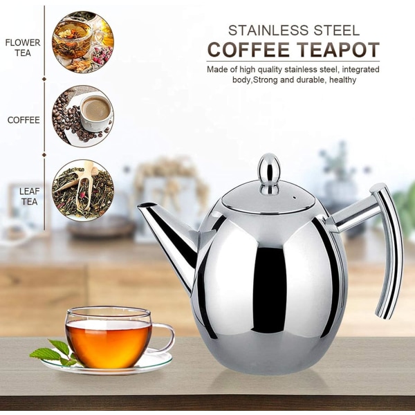 Tekanna, Rostfritt Stål Tekanna med Infuser 1L, Rostfritt Stål Vattenkokare 1L, Tekanna Vattenkokare med Avtagbart Värmebeständigt Filter för Te, Kaffe