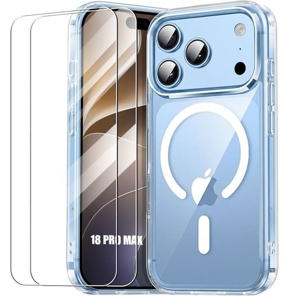 Skyddsfodral för iPhone 18 Pro Max, Stötdämpande Hårt med Magnetisk Ring - 2 Härdade Glas Transparent