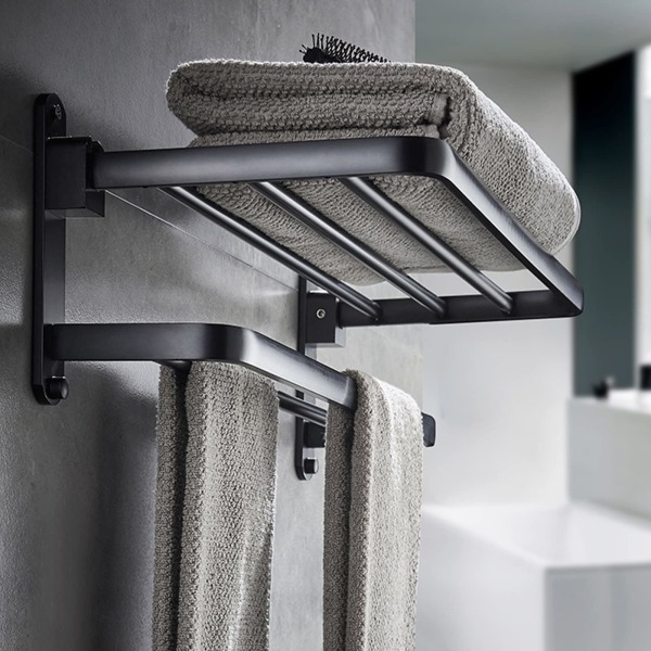 Handdukshållare, vägghängd handdukshållare utan borrning, badrum med 2 handdukstorkar, handdukshållare i aluminium, mattsvart, 58cm