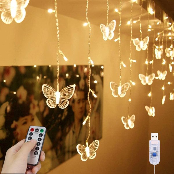 Sommerfuglgardinlys 13 fot 96 LED eventyrlys 8 moduser med fjernkontroll, lysslynge for tak bryllup juledekorasjon (varm hvit) White