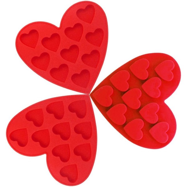 3 Packs Silicone Chocolate Molds, Valentine's Day Heart Shape Non-Stick Kitchen Baking Pans Ice Cube Trays for Making Cake Candy Gumdrop Jelly  - Red