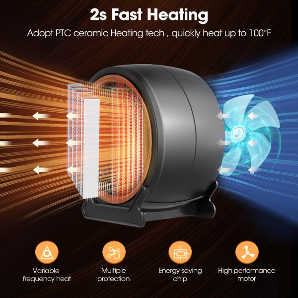 Varmevifte energieffektiv, 1200 W mini romvarmere, elektriske varmeovner med varmeinnstillinger og overopphetingsbeskyttelse