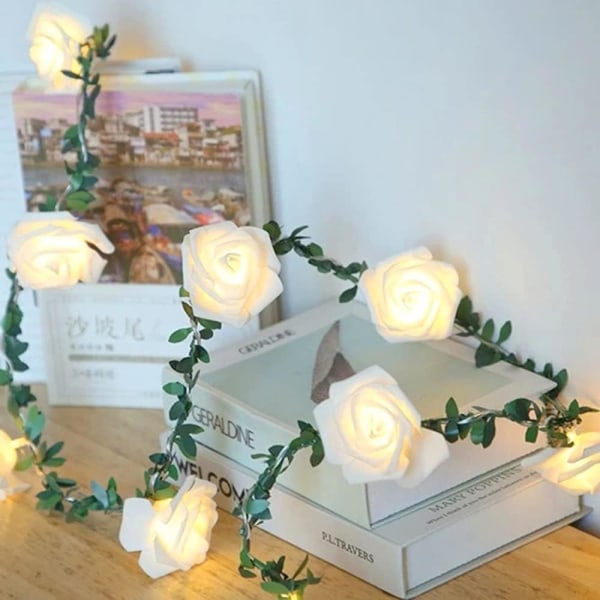 Ruusunvihreät lehtinauhavalot, 9,8 jalkaa 20 LED-valkoiset rottinkikukat keijuvalot, akkukäyttöiset koristevalot syntymäpäiväjuhliin