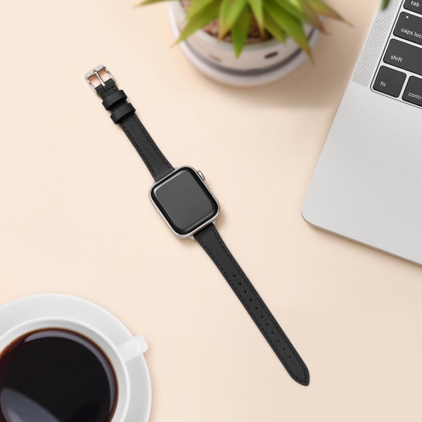 Kompatibel med Apple Watch-rem 38mm 40mm 41mm, ekte lærrem-erstatning, slank tynn armbånd for iwatch Series 7/6/5/4/3/2/1, SE (svart) Black