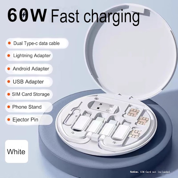 Monitoiminen datakaapelien säilytyslaatikko sovitin Lightning-, USB-C- ja Micro-USB-laitteille Universaali datansiirtokaapeli (valkoinen)