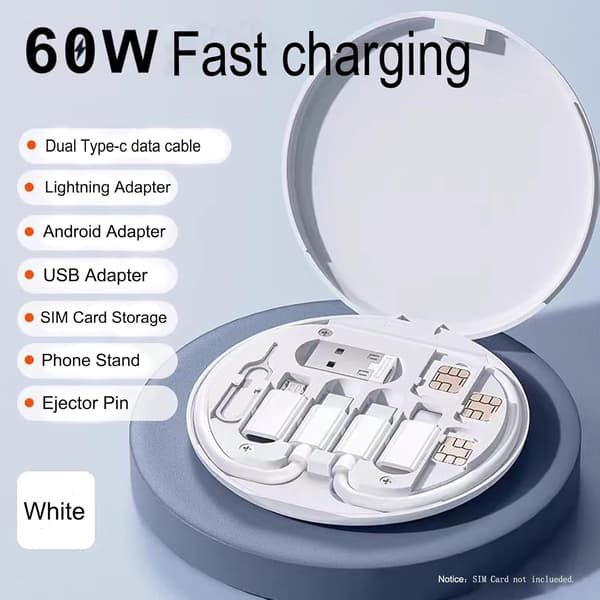 Multifunksjonell datakabeloppbevaringsboksadapter for Lightning, USB-C og Micro-USB-enheter Universell dataoverføringskabel (hvit)
