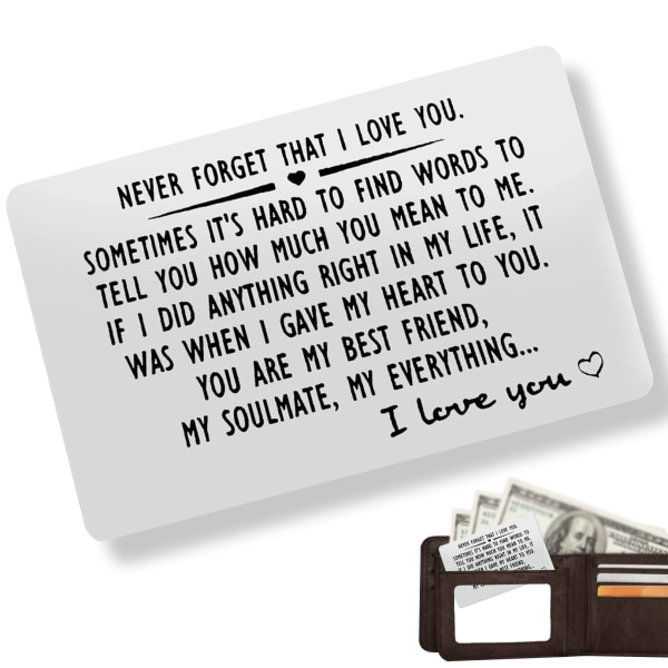 Indgraveret pung i rustfrit stål, personligt tegnebogskort, glem aldrig, at jeg elsker dig Valentinsdag bryllupsfødselsdagsgave